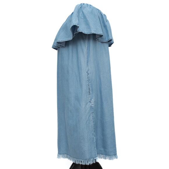 Beach Lunch Lounge Tova Off the Shoulder Chambray Frayed Hem Dress Size Small - Picture 2 of 14